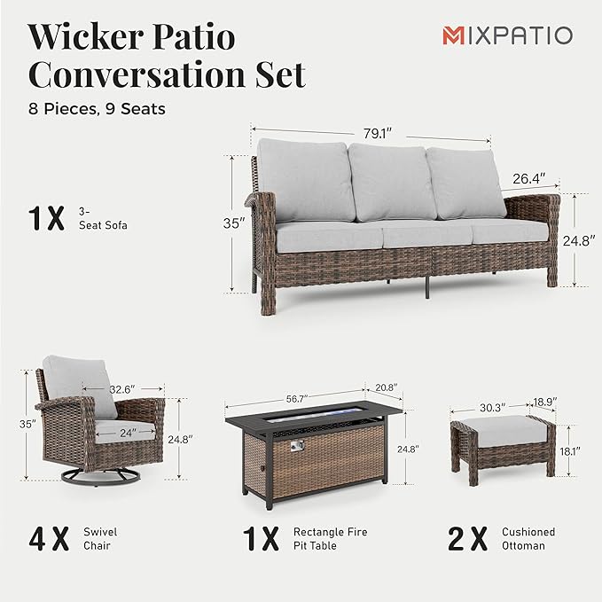 8-Piece Wicker Patio Furniture Set with 57'' Fire Pit Table, High Back Outdoor Furniture with Swivel Chairs and Ottoman, All-Weather Wicker Patio Conversation Set for Deck Yard Pool, Grey