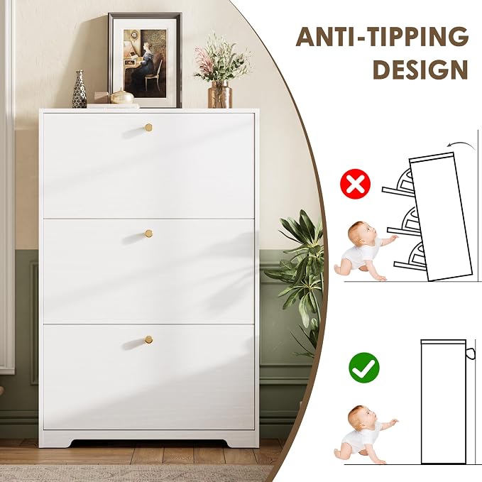 Nicetree Shoe Cabinet with 3 Flip Drawers, Narrow Shoe Organizer Cabinet, Freestanding Shoe Rack Cabinet, Morden Shoe Storage Cabinet for Entryway, Hallway, Foryer, White - Image 9
