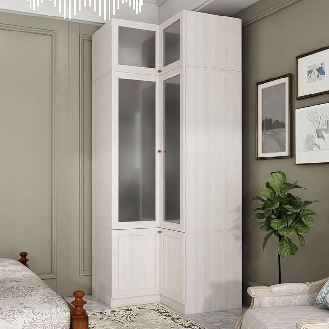L-Shape Wardrobe Armoire Closet with Hanging Rod & Shelf, Bedroom Armoire with Frosted Glass Doors, Top Cabinets & Gold Knobs, Wood Grain, 35.4”D x 35.4”W x 86.6”H