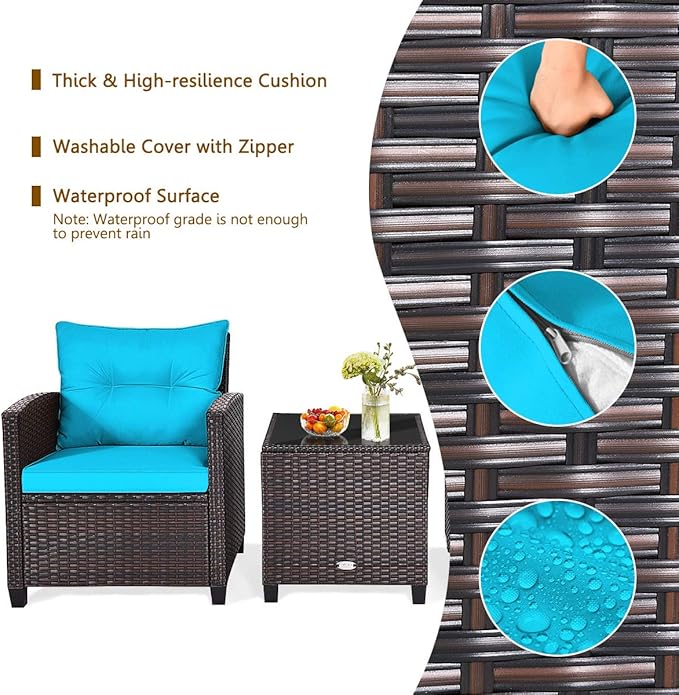 KOTEK 3 Piece Patio Furniture Set, Outdoor Conversation Set with Washable Cushions & Tempered Glass Tabletop, PE Rattan Wicker Bistro Set for Porch, Garden, Balcony (Turquoise)