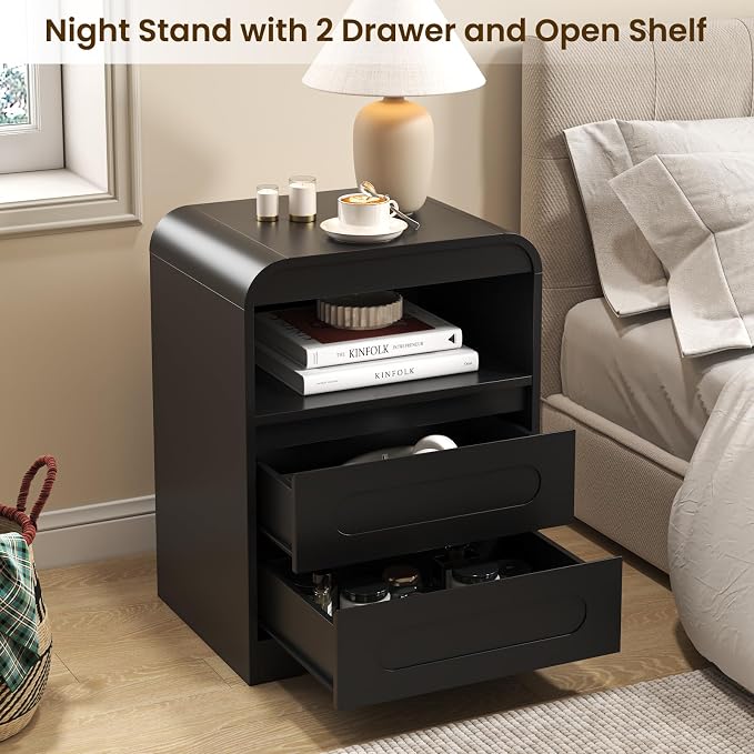 Night Stand Set of 2, 26" Tall Bedside Side Table with 2 Drawers and Open Storage, Curved Corners, Hidden Handle, Wood Nightstand, Modern Night Stands End Table for Sofa Couch (Black) - Image 3