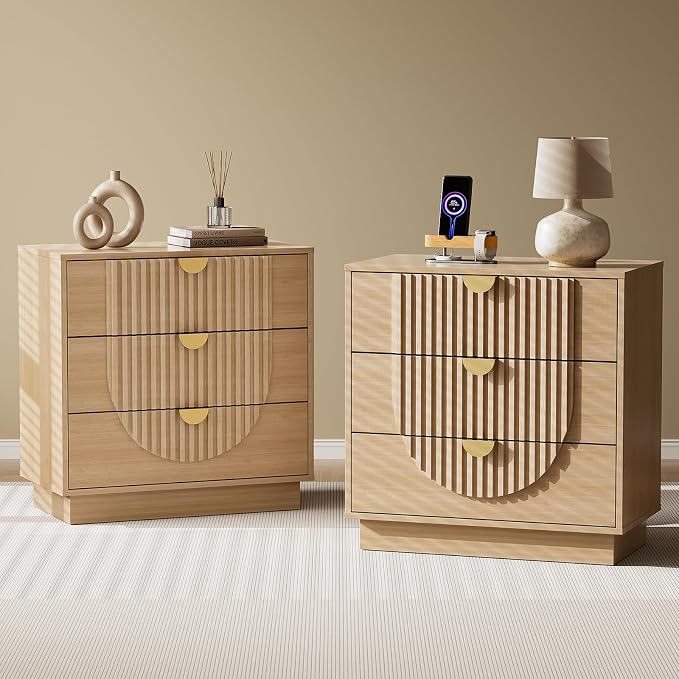 3 Drawer Nightstand with Charging Station,28" Fluted Night Stand & Modern Bedside Table, Wood End Table Storage Cabinet for Bedroom Hallway, Entryway,Caramel Brown Set of 2 by LegacyAmerhomeDirect