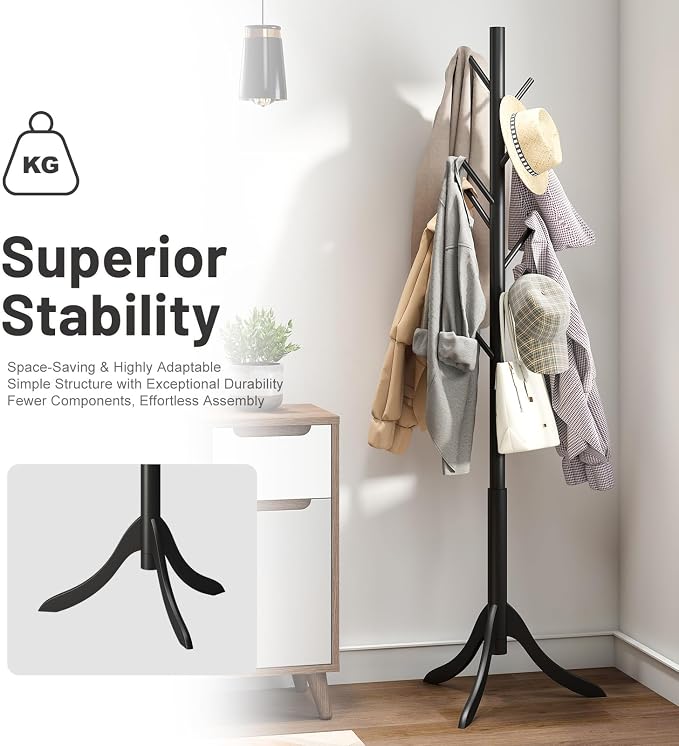 kiplant Black Coat Rack Stand, Bamboo Wood Freestanding Coat Tree with 8 Hooks, Hallway Entryway Hat Hanger Organizer Standing for Bedroom, Office, Clothes, Jackets, Bags, Umbrallas - Image 6