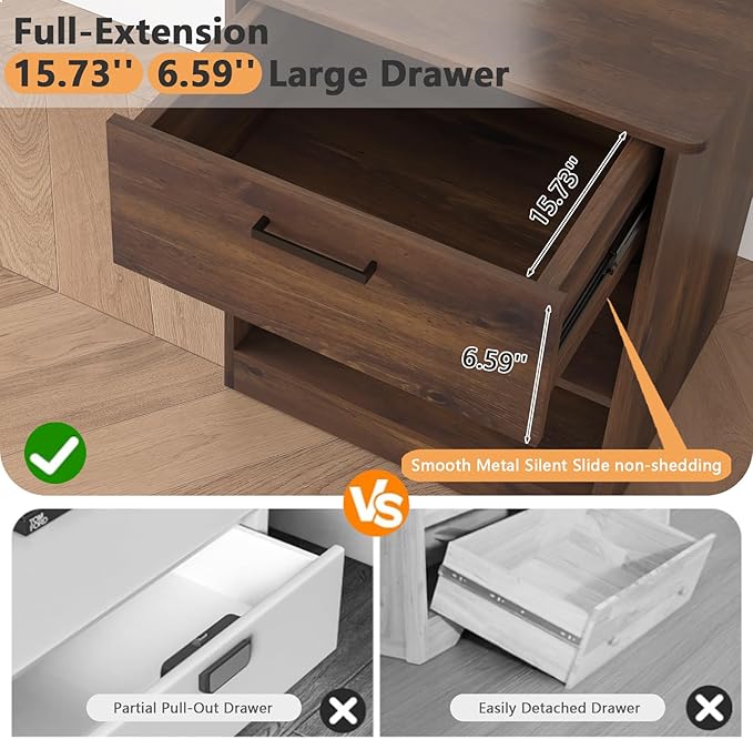 Night Stand with Charger Station, Modern Nightstand with USB Type-C Ports and AC Outlets, Large Bedside Table with Drawer and Open Storage, Wooden End Table for Bedroom (Brown, 1 Drawer) - Image 5