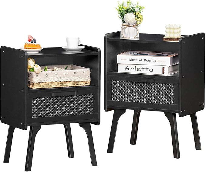 Lerliuo Rattan Nightstands Set of 2, Boho Side Table with Drawer Open Shelf, Cane Accent Bedside End Table with Solid Wood Legs for Bedroom, Dorm and Small Spaces (Black) by Lerliuo