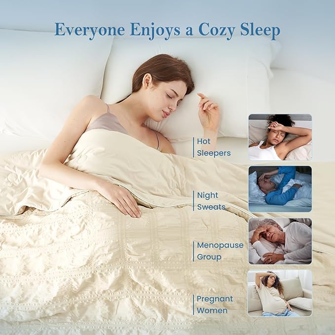 Cozy Bliss Cooling Comforter Seersucker Plaid Twin Size, Q-Max 0.45 Lightweight Cooling Blanket, Breathable Silk Smooth Summer Bedding Quilt for Hot Sleepers Night Sweats Khaki