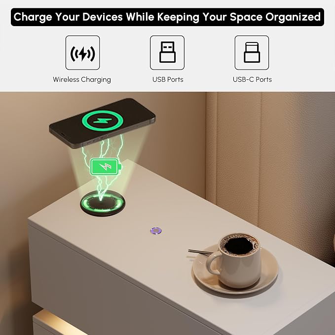 homary Narrow Smart Nightstand with Wireless Charging, USB & Type-C Ports, Modern LED Bedside Table with 3 Drawers, White Nightstand with Storage for Bedroom - Image 3