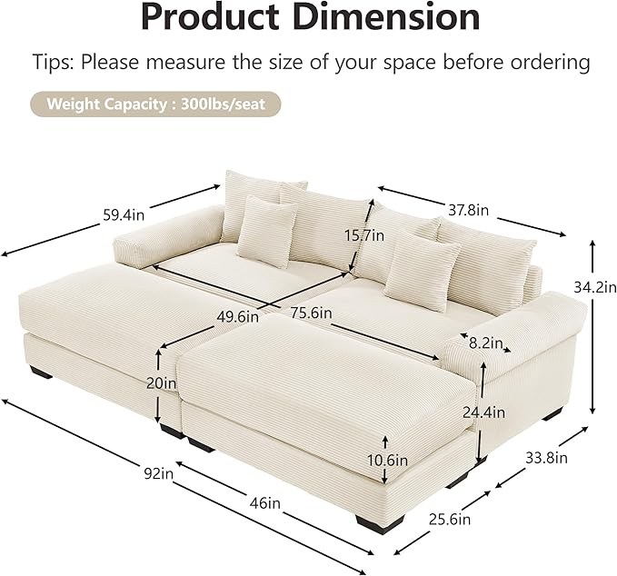 KEIKI 83" Oversized Corduroy Modular Sectional Loveseat Sofa with 2 Ottoman, High-Density Foam Cushion, Extra-Thick Armrest, Modern 2-Seater Fluffy Corner Couch with 6 Pillow, for Living Room, Beige