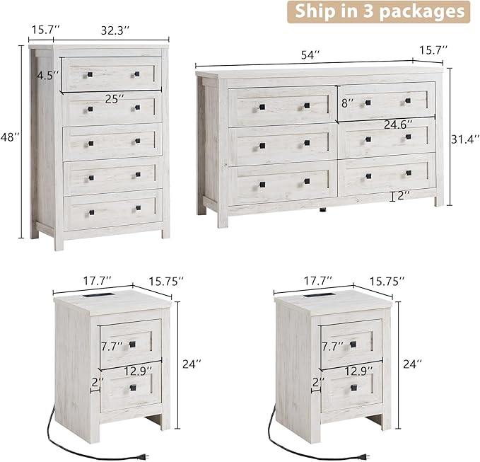 LUXOAK 4 Pieces Farmhouse Bedroom Set, 1 X Wood Rustic 6 Drawer Storage Dresser, 1 X 5 Drawer Dresser, Nightstand Set of 2 with Charging Station, Farmhouse Bedroom Furniture Set, Rustic White