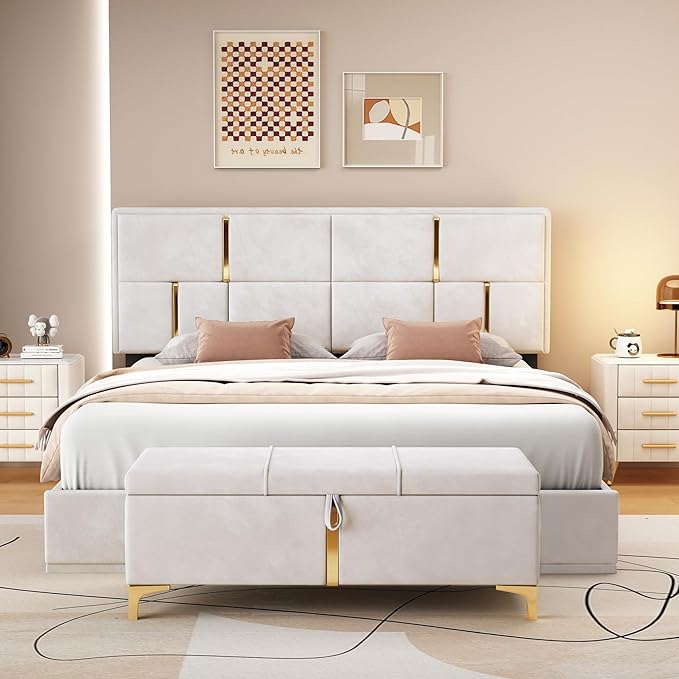2 Piece Queen Size Bedroom Sets with Ottoman Hydraulic Storage Bed Frame with Headbaord and Storage Bench - Beige