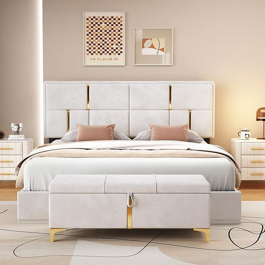 2 Piece Queen Size Bedroom Sets with Ottoman Hydraulic Storage Bed Frame with Headbaord and Storage Bench - Beige