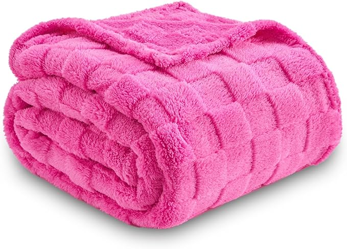 NEWCOSPLAY Super Soft King Blanket Hot Pink Premium Silky Flannel Fleece 3D Checkered Lightweight Bed Blanket All Season Use (Hot Pink Checkered, King(90"x110"))