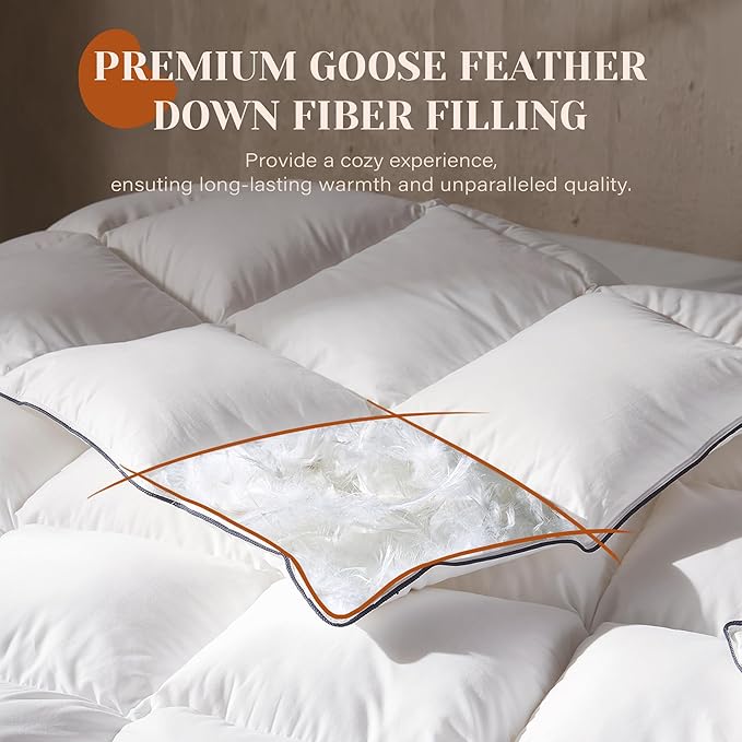 Goose Feather Down Fiber Cotton Comforter Queen Size, Ultra-Soft Duvet Insert, Hotel Collection White Quilted Comforter, All Season Bedding Comforter with 8 Corner Loops, 90x90 Inch