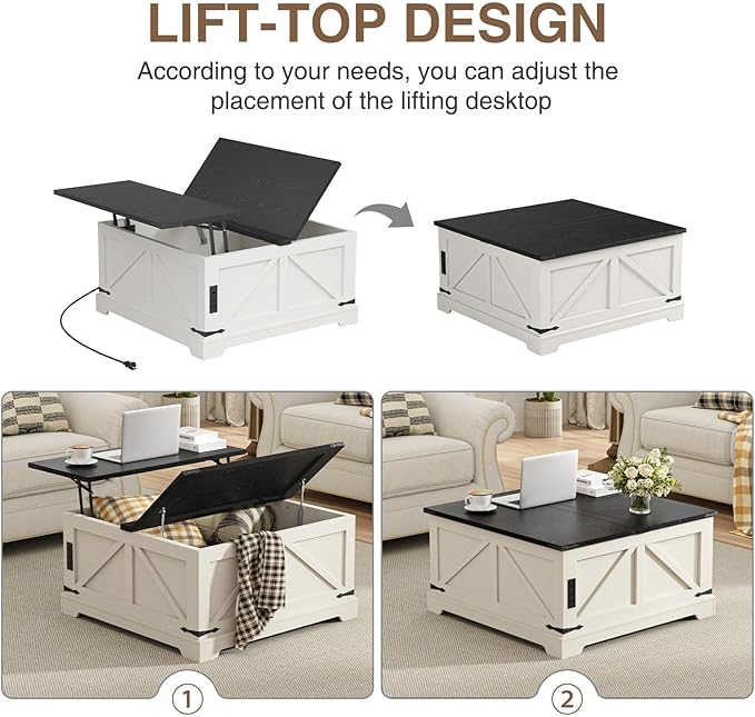 Vabches 35.4" Lift Top Coffee Table with Storage, Farmhouse Square Coffee Tables for Living Room, Center Table with Charging Station and Hidden Space, White