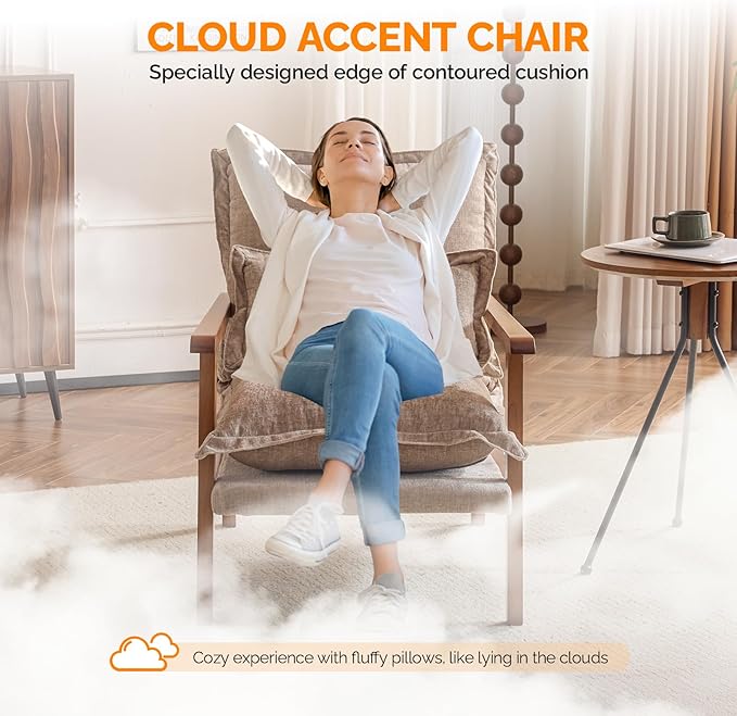 VINGLI Mid-Century Modern Cloud Accent Armchairs Set of 2 with Lumbar Pillow, 6.3'' Thick Seat Cushion Reading Chairs with Wooden Armrests, Boho Lounge Chair for Bedroom, Living Room, Chenille, Khaki