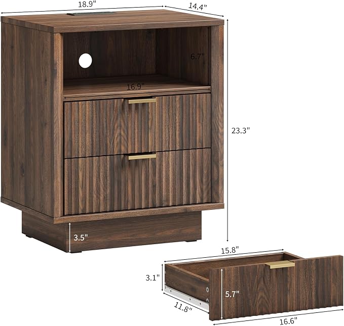 GOLDDAY Nightstands Set of 2 with Charging Station & LED Light, 2-Drawer Bedside Table with Outlets, Modern End Table with Open Shelf, for Bedroom, Home Office, Walnut - Image 3