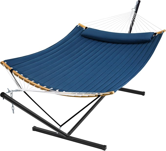 SUPERJARE Curved-Bar Hammock with Stand, 2 Person Heavy Duty Hammock Frame, Detachable Pillow & Portable Carrying Bag, Perfect for Outdoor & Indoor, Navy Blue by SUPERJARE