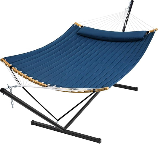 SUPERJARE Curved-Bar Hammock with Stand, 2 Person Heavy Duty Hammock Frame, Detachable Pillow & Portable Carrying Bag, Perfect for Outdoor & Indoor, Navy Blue by SUPERJARE