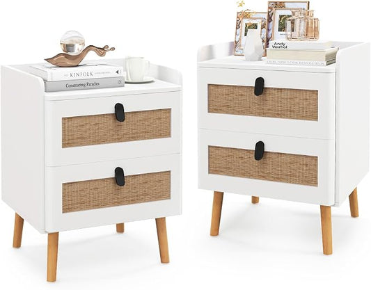 Giantex Rattan Nightstand with 2 Drawers Set of 2, Boho End Table with 4 Solid Wood Legs, Mid-Century Modern Bedside Table with Storage, Wooden Night Stand for Small Spaces Bedroom, White by Giantex