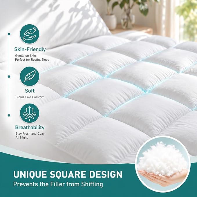 Premium Quilted 1000GSM Luxury Extra Thick Mattress Topper, King Size Cooling Mattress Pad, Overfilled Plush, Cloud-Like Comfort, Breathable, 8-21" Deep Pocket (White, Full)