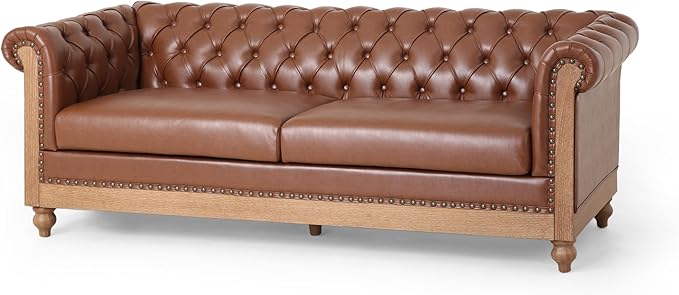 Merax 3 Seat PU Chesterfield Sofa, Retro Style Upholstered Leather Couch Rolled Arm for Living Room Bedroom Office, Light Brown