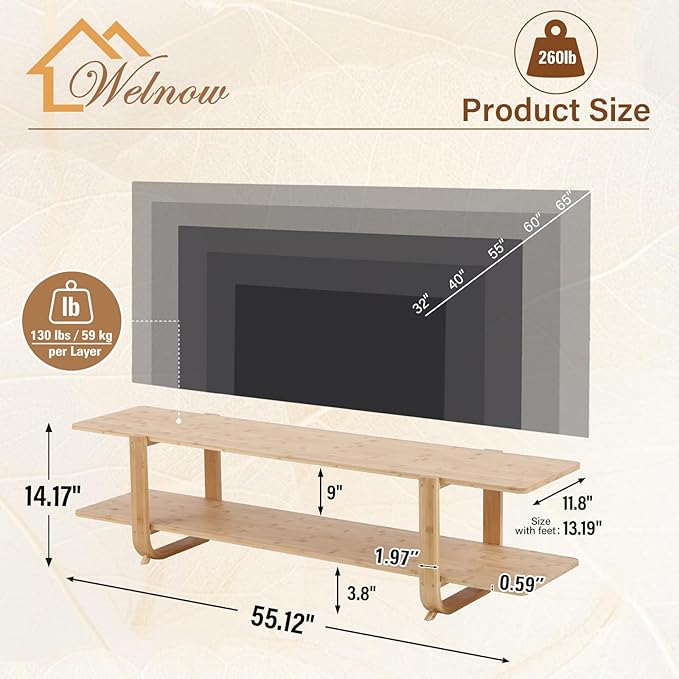 Welnow Low Bamboo TV Stand for Up to 65 Inch, Small Mid Century Modern Entertainment Center with 2-Tier Open Shelves, Natural Media Console Table for Living Room, Bedroom - Image 2