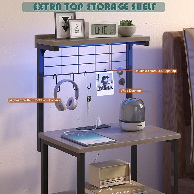 sthmec Bedside Tall Nightstands with Charging Station, LED Bedside Table for Bedroom - 3 PU Fabric Drawers, Hooks, USB/Type-C Ports & Open Bedside Shelves, Grey - Image 4