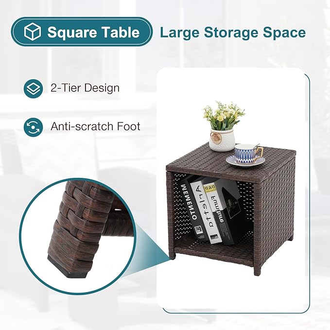 OC Orange-Casual 5 Pcs Patio Conversation Set Balcony Furniture Set with Cushions, Brown Wicker Chair with Ottoman, Storage Table for Backyard, Garden, Porch, Dark Grey