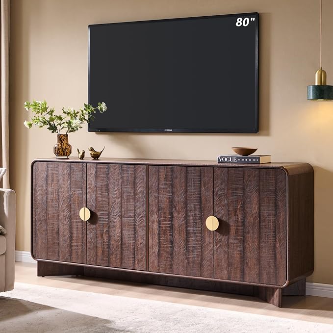 IFGET 70" Modern TV Stand for TVs Up to 80 inches, 30" Tall Entertainment Center with Storage and Adjustable Shelves, TV Console with Curved Profile Design, Media Console for Living Room, Brown by IFGETEnrichYourLivingSpace