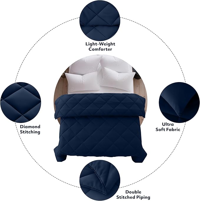 LUX Décor Lightweight Comforter Twin Size - Soft Breathable Down Alternative Diamond Stitched, All Season Navy Comforter with Double Stitched Piping, Oeko-TEX