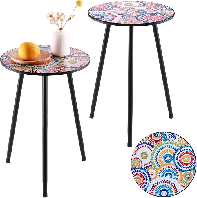 Party Zealot Metal Mosaic Round Side Table Set of Two 13.4" Small Outdoor Patio Round Accent Coffee Tables Indoor Corner Stand for Small Space Weather-Resistant for Balcony Plant Stand by PartyZealot