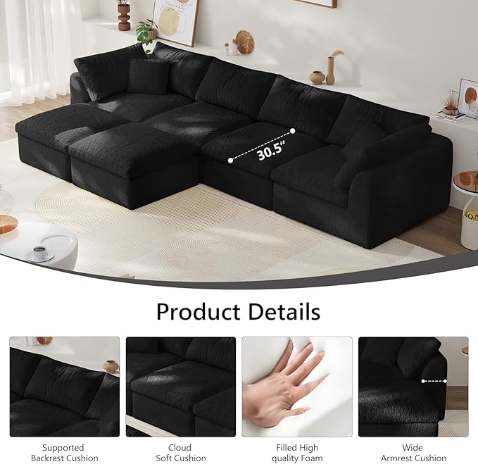 138" Modular Sectional Sofa Boneless Cloud Couch for Living Room, U Shape Deep Seat Recliner Sofa with Ottoman, Adjustable Backrest & 2 Throw Pillows - Covers Washable, (Black, 4 Seater+2 Ottoman)