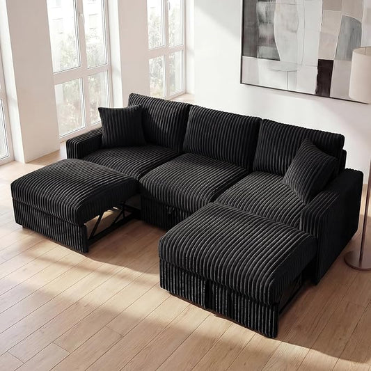 HONBAY 94.5 Inch Sectional Sofa, Modular L & U Shaped Pull Out Couch with Adjustable Backrest & Storage, Velvet Black