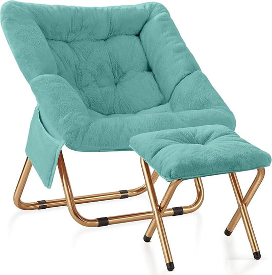 Kasunpul Comfy Saucer Chair, Foldable Living Room Chairs, Soft Faux Fur Lounge Chair for Bedroom, Reading Chairs for Adults, Teens, X-Large (Mint)
