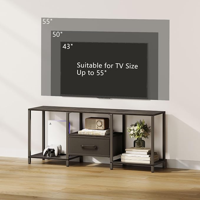 JARHETUN TV Stand with Fabric Drawer for 55 Inch TV, Entertainment Center with Open Shelves, Media TV Console Table for Living Room, Bedroom, Black - Image 6