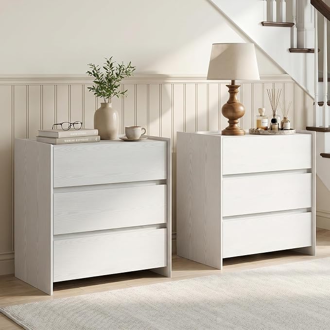 Nightstand Set of 2, White Handle-Free Nightstand with 3 Drawers, 23.6" W Raised Lip Bedside Table, Modern Minimalist Night Stand, End Table, Easy Assembly for Bedroom Apartment Small Space - Image 5