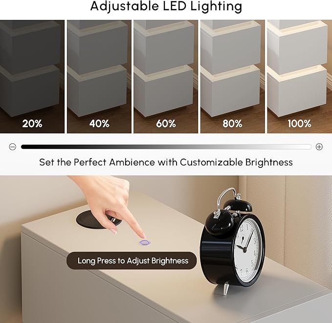 homary Narrow Smart Nightstand with Wireless Charging, USB & Type-C Ports, Modern LED Bedside Table with 3 Drawers, White Nightstand with Storage for Bedroom - Image 4