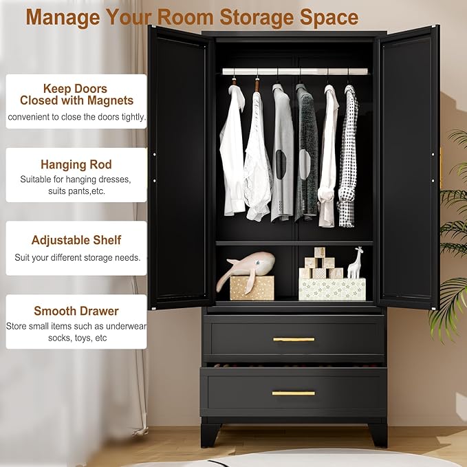 Metal Armoire Wardrobe Closet Storage Cabinet with 2 Doors Black, 71'' Wardrobe with Hanging Rod Metal Closet with Adjustable Shelf and 2 Drawers, Freestanding Storage Cabinet for Bedroom