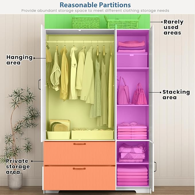 Armoire Wardrobe Closet with Mirror Door, Fluted White Storage Cabinet for Hanging Clothes,Bedroom Large Capacity Freestanding Armoire with Hanging Rod,Adjustable Shelves and Hooks(White)