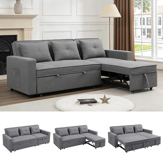 83 Inch Convertible Sofa Bed with Side Pocket, Modular Sectional Couch with Pull Out Bed, L Shaped 3 Seat Sectional Sleeper Sofa for Living Room, Apartment, Black