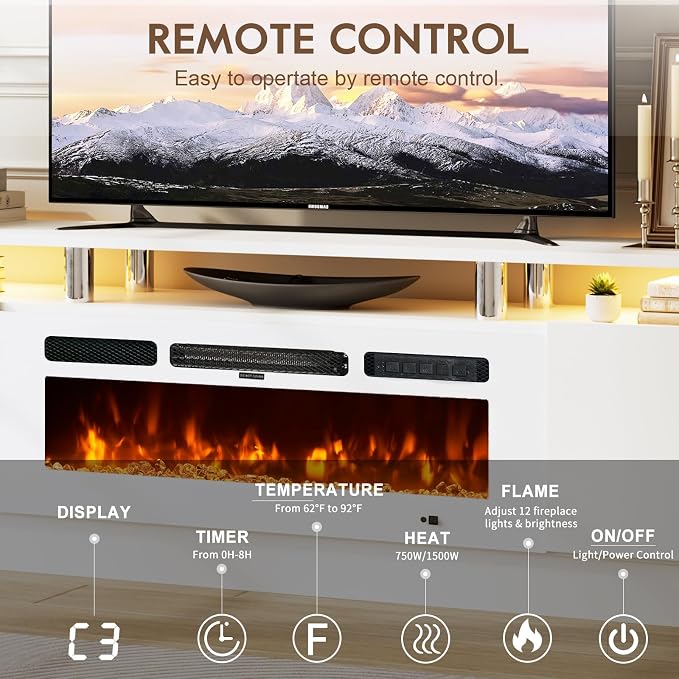 70" TV Stand for Living Room, Entertainment Center & Media Console with Storage, Fits TVs up to 80", Modern TV Cabinet with Shelves, 36" Electric Fireplace (All White) - Image 4
