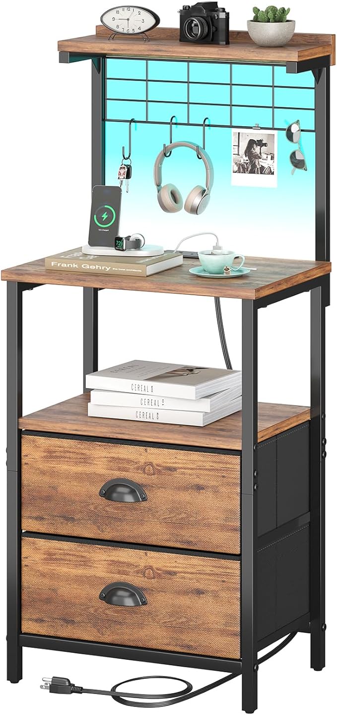 sthmec Tall Nightstands with Charging Station, LED Night Stand Bedsides with 2 Fabric Drawers,Hooks,USB Port and Open Storage Shelves,Tall End Table Bedside for Bedroom,Office, Rustic Brown by Unknown
