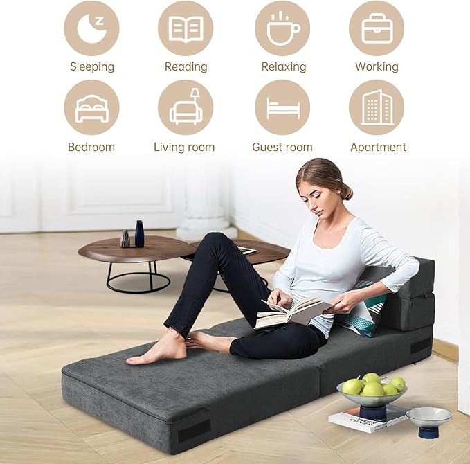 Folding Sofa Bed Single Size with Pillow Memory Foam Convertible Sleeper Chair Floor Couch Futon Lazy for Living Room Home Office Guest Beds Apartment Upstairs Loft, Dark Gray