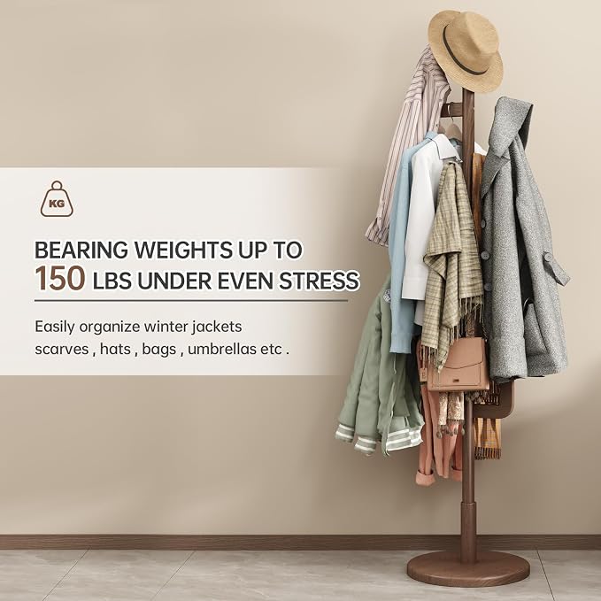 Muwuele Solid Wood Cactus Coat Rack, Freestanding Coat Rack With 6 L-Shaped Hooks and 3 Adjustable Sizes, Coat Tree for Bedroom, Entryway, Livingroom, Coat Hanger Stand for Coats, Handbags (Walnut) - Image 5