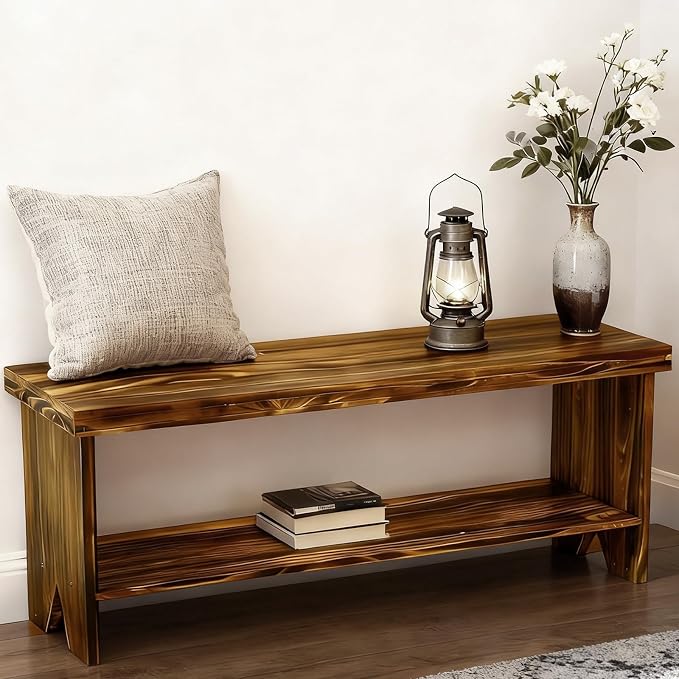 43" Solid Wood Farmhouse Bench, Entryway Bench with Storage Shelf, Vintage Long Rustic Indoor Bench for Bedroom, Entryway, Hallway, Dining by Unknown