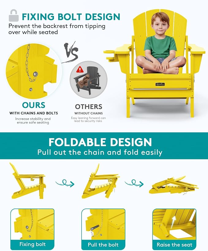 SERWALL Folding Adirondack Chair Outdoor Adirondack Chairs with Cup Holder, Weather Resistant Fire Pit Chairs for Patio - Yellow - Image 4