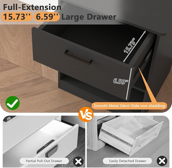 Night Stand with Charger Station, Modern Nightstand with USB Type-C Ports and AC Outlets, Large Bedside Table with Drawer and Open Storage, Wooden End Table for Bedroom (Black, 1 Drawer) - Image 5