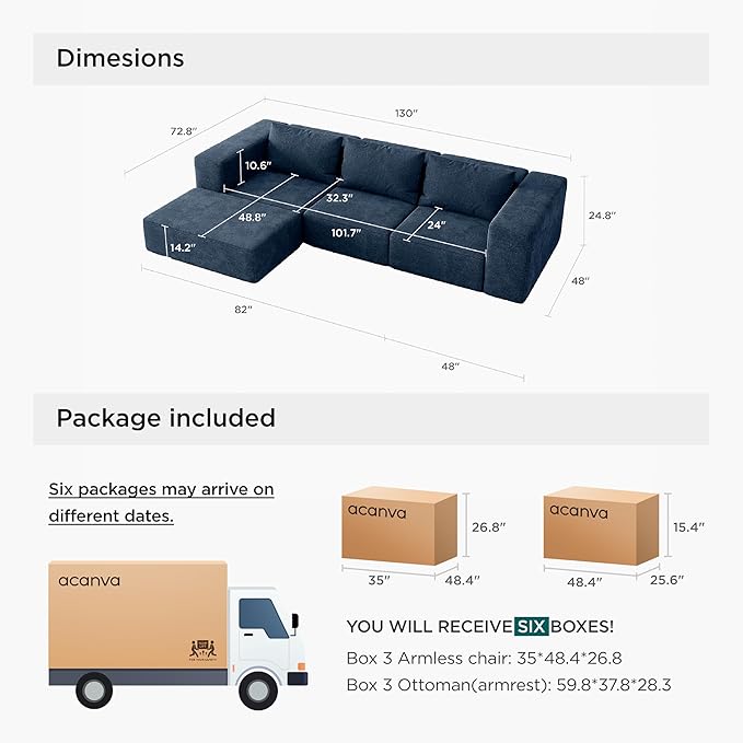 Acanva Oversized Modular Sectional Sofa with Removable Washable Slipcovers, Modern Low Profile Deep Seat Couch for Living Room, Chenille-Royal Blue, 3 Armless Chairs & 3 Armrests/Ottomans