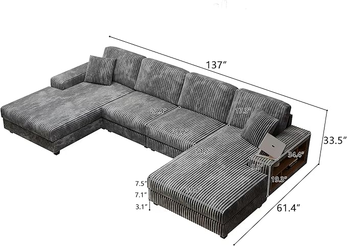ERYE U-Shaped Modular Sectional Sofa Convertible Symmetrical Sofa Couch with Removable Chaise Lounges, U Shaped Double Chaises Sectional Couches with Storage Armrests