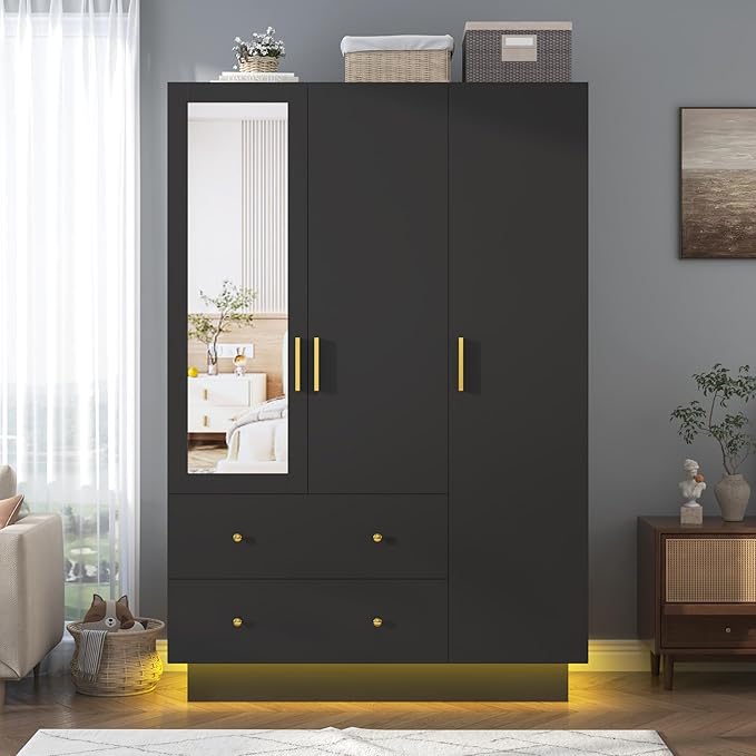 chartustriable 3 Doors Armoire Wardrobe Closet with Mirror, LED Armoire with Doors and Drawers, Wooden Wardrobe Storage Cabinet with Hanging Rod, Adjustable Shelves, Black